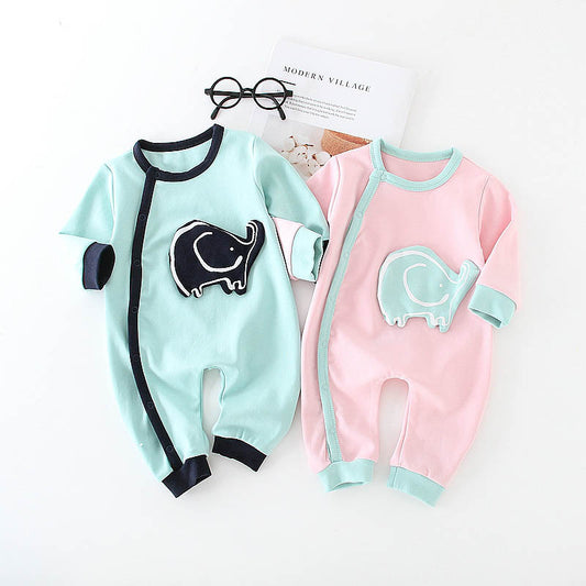 Baby Long-Sleeve Cotton-Blend Romper with Diagonal Buttons