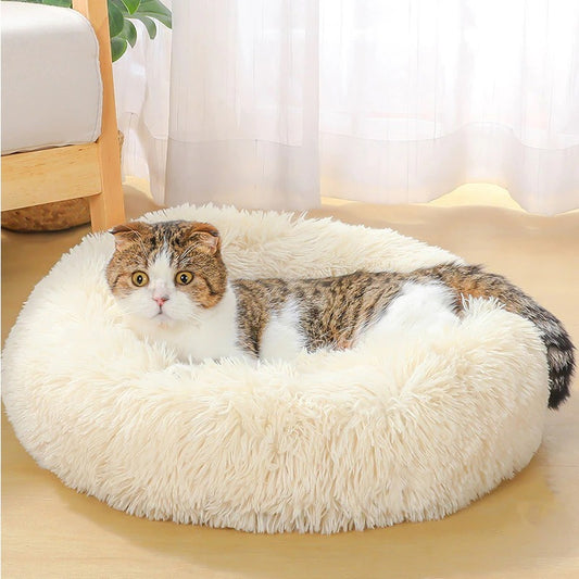 Round Plush Pet Bed with Raised Rim
