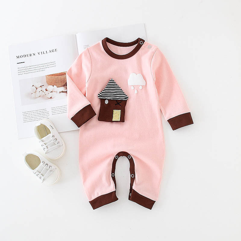 Baby Long-Sleeve Cotton-Blend Romper with Diagonal Buttons