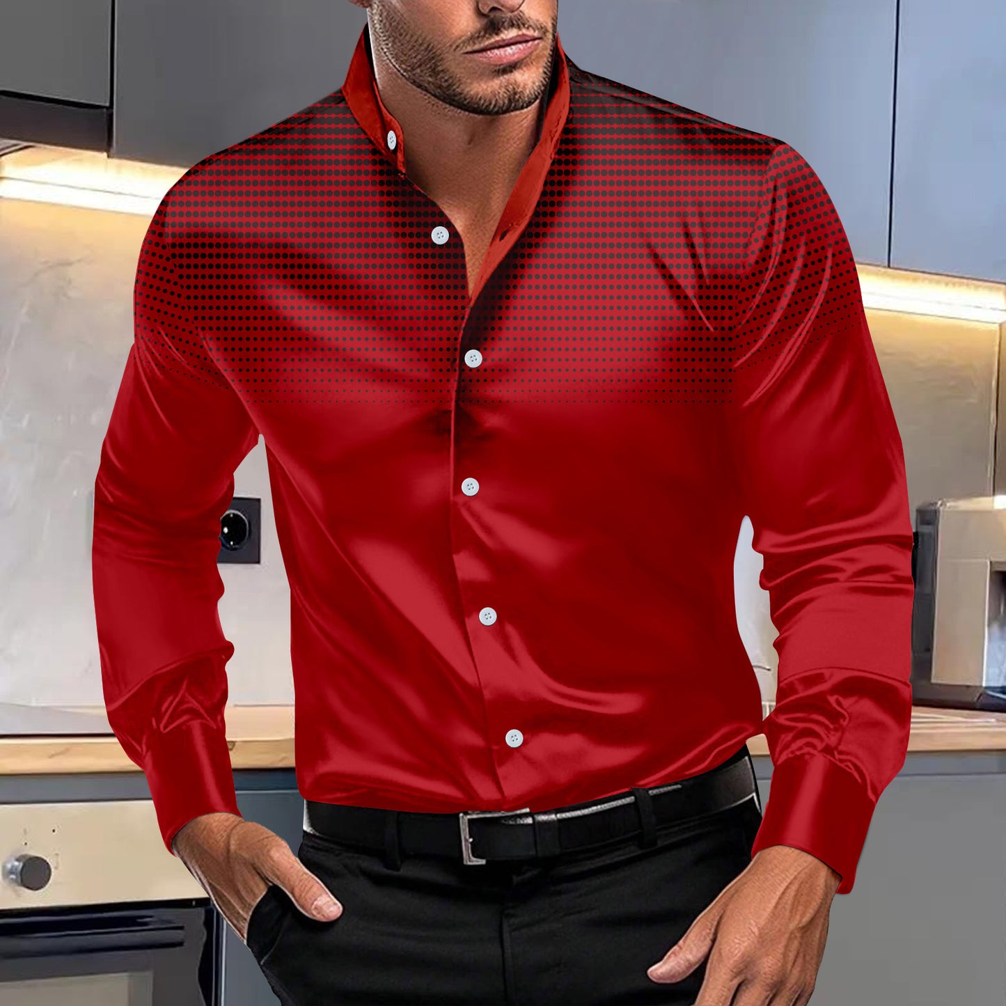 Men's Dotted Stand-Collar Long-Sleeve Shirt
