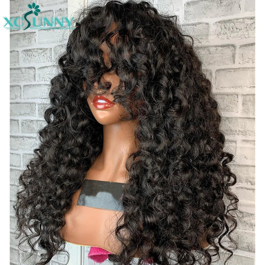 Xcsunny Brazilian Remy Human Hair Spiral-Curl Wig with Bangs